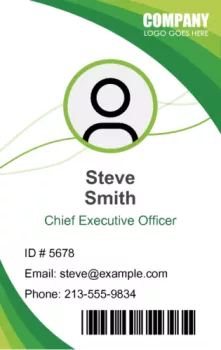 Amazing green graphic ID card design with logo, rounded picture, full name, title email and barcode | #122428