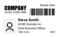 Employee ID Series 11 | Horizontal badge for employee access, featuring a logo, photo ID, personal details, and a barcode. #122448