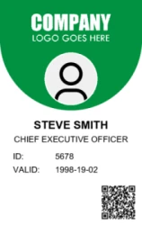 Employee ID Series 04 | Modern vertical design with a curved header, photo focus, role details, and a QR code for verification. #122438 Employee ID Series 04 | Modern vertical design with a curved header, photo focus, role details, and a QR code for verification. #122438
