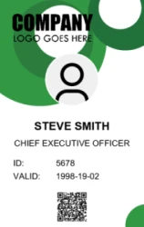 Employee ID Series 23 | Professional vertical design with photo area, name, role, validity date, QR code for Checkpoint, and graphic background accents. #122439