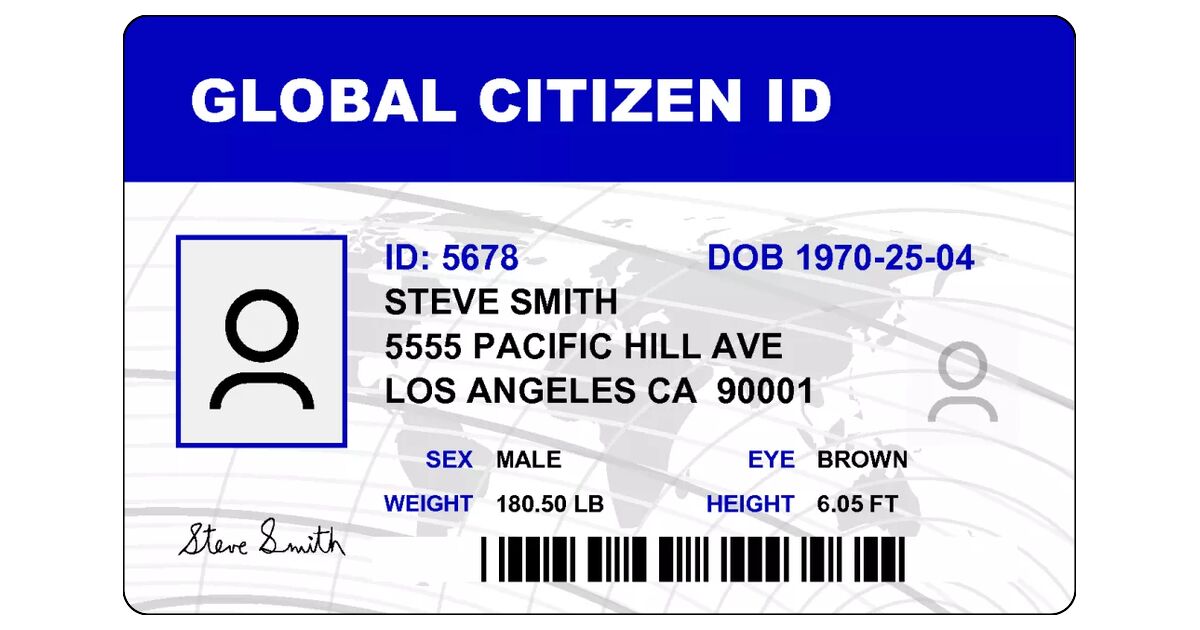 Global citizen ID card with world map in background and bio information ...