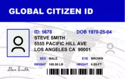 Global citizen ID card with world map in background and bio information | #122430
