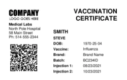Healthcare Series 08 | Professional horizontal design with vaccination details, patient information, dates, and QR code for Checkpoint validation. #122453