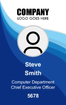 Modern blue wave ID card with round photo ID, logo, full name, long title and ID | #122452 Modern blue wave ID card with round photo ID, logo, full name, long title and ID | #122452