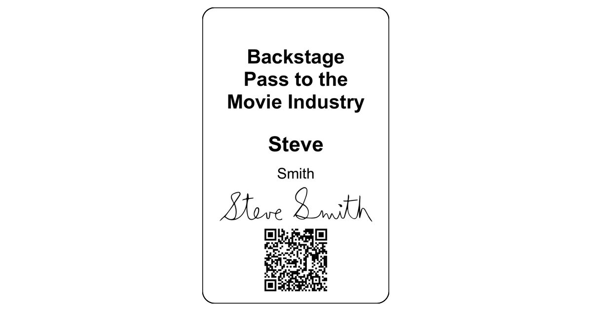 Security tag with a large title, QR code, name, and signature panel ...